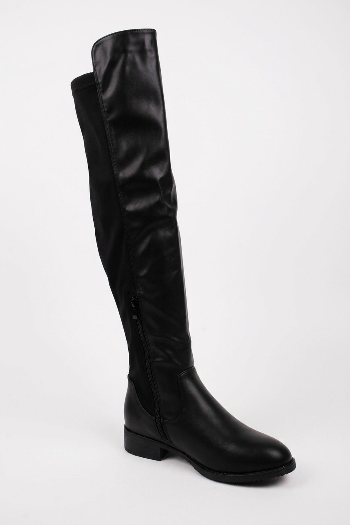 Tatiana Faux Leather Over The Knee Flat Boots - Black