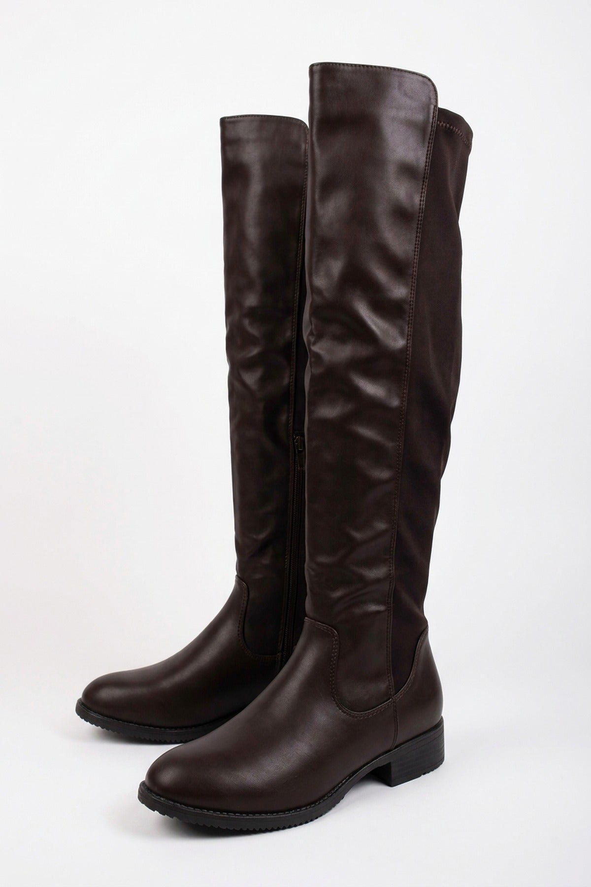 Tatiana Faux Leather Over The Knee Flat Boots - Brown