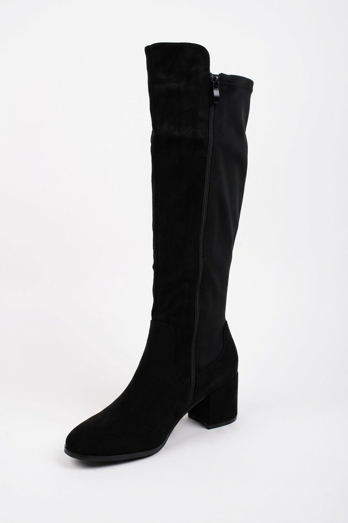 Teagan Faux Suede Over The Knee Block Heel Boots - Black