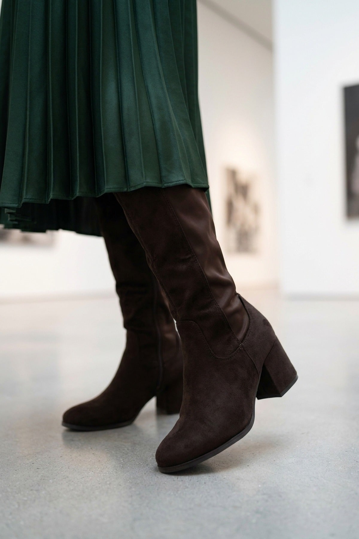 Teagan Faux Suede Over The Knee Block Heel Boots - Brown