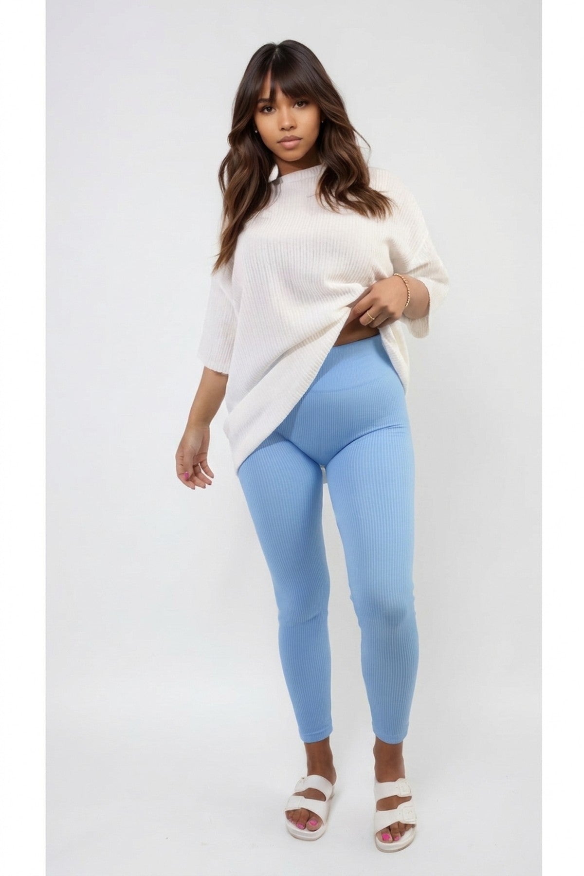 Braylee High Waisted Wide Band Leggings - Light Blue