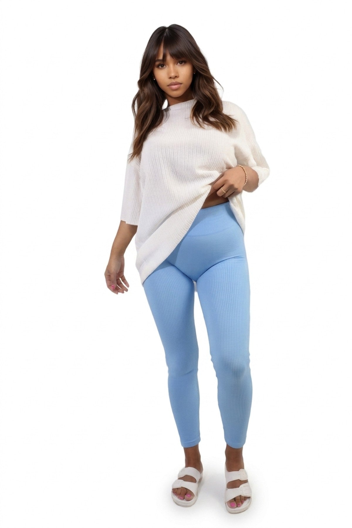 Braylee High Waisted Wide Band Leggings - Light Blue_wb