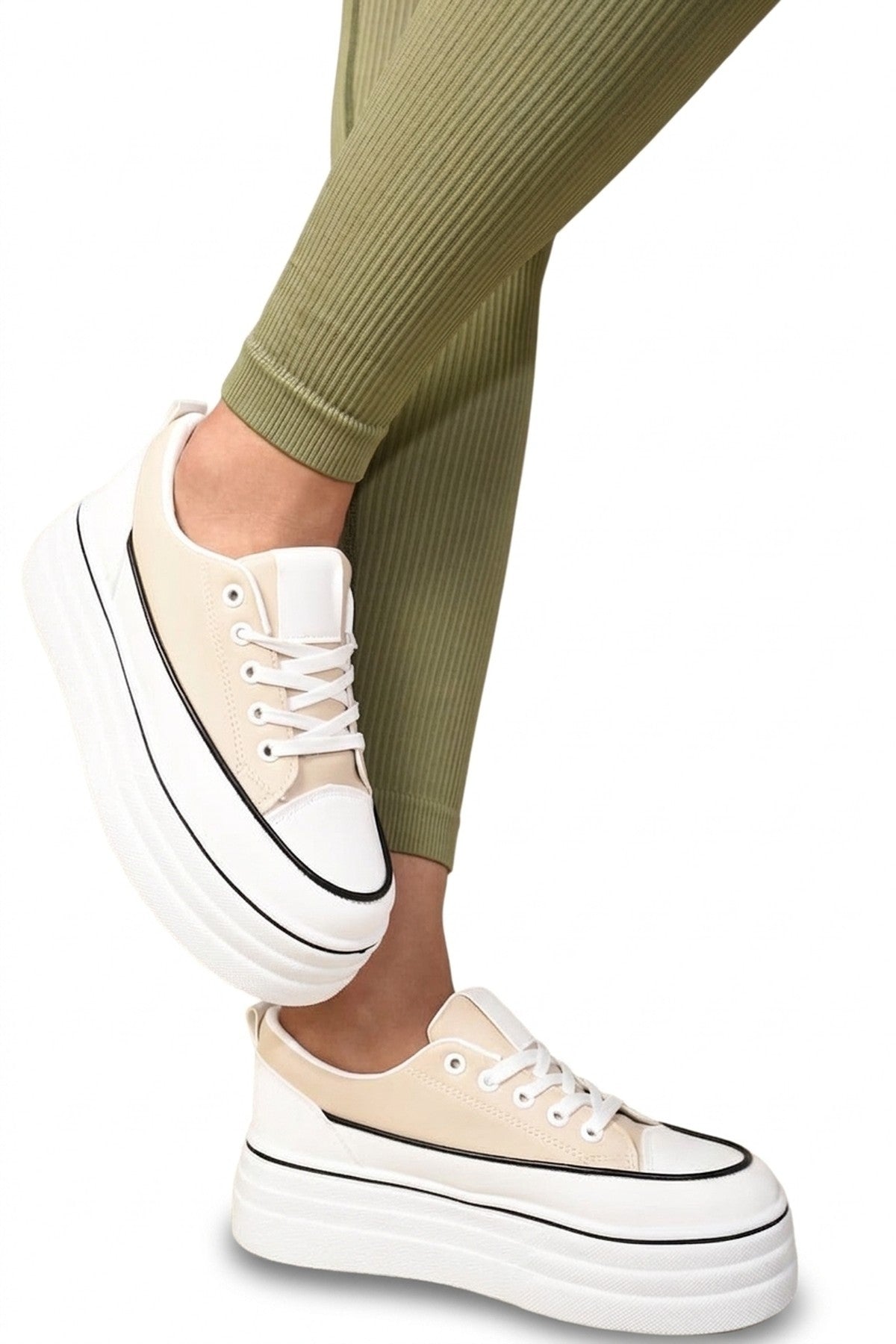 Breanna Platform Wedge Lace Up Trainers - Beige_wb