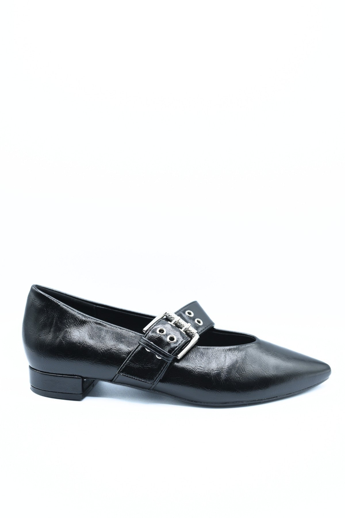 Brenda Low Heel Buckle Eyelet Strap Pointed Flat Shoes - Black