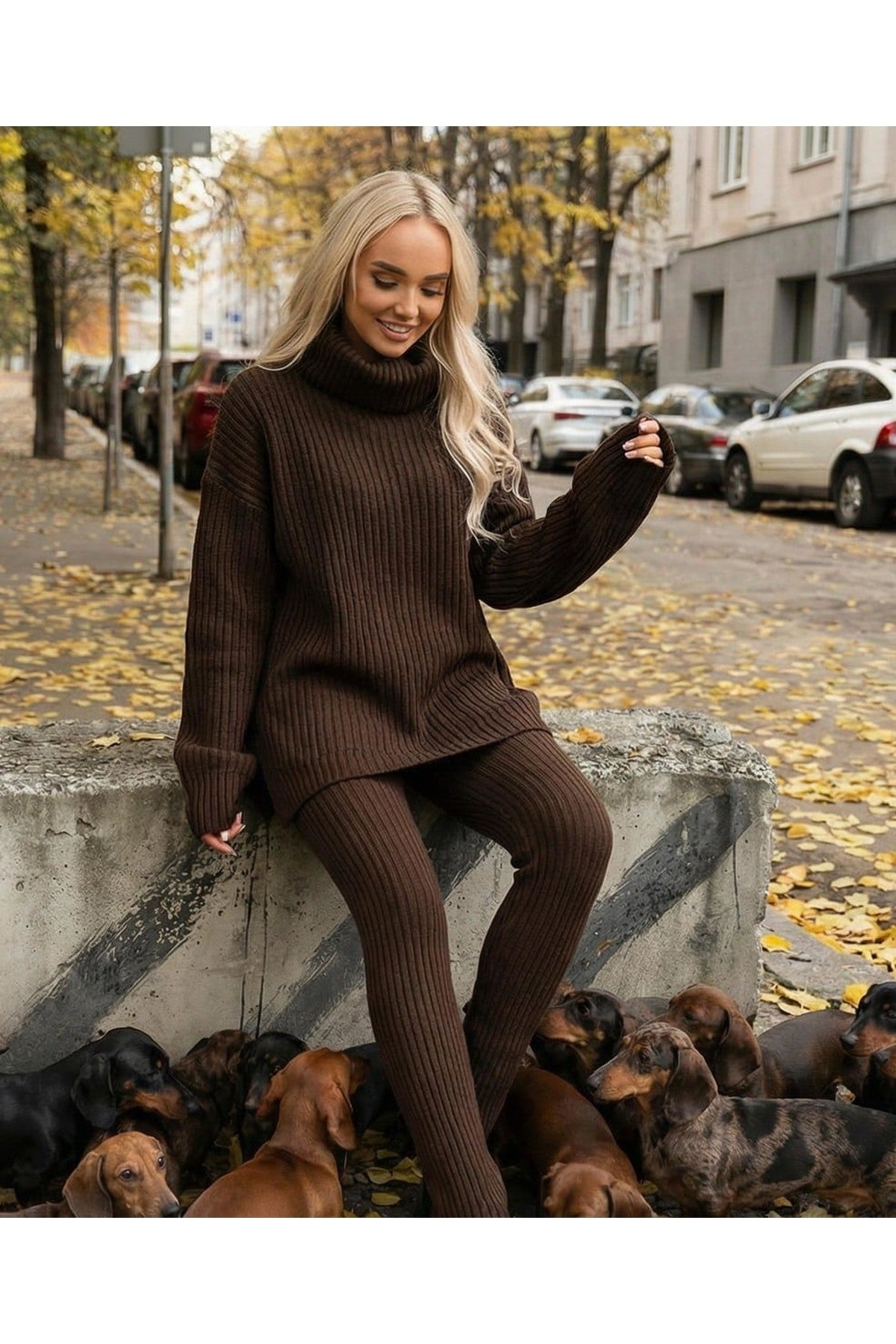 Mila Chunky Knitted High Roll Neck Top Bottom Co-ord Set - Brown