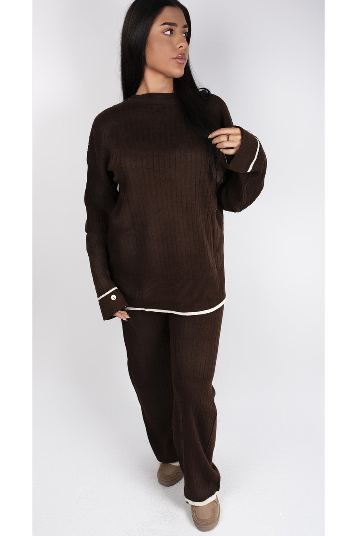 Lara Ribbed Contrast Trim Top And Wide Leg Trouser Co-ord Set - Brown