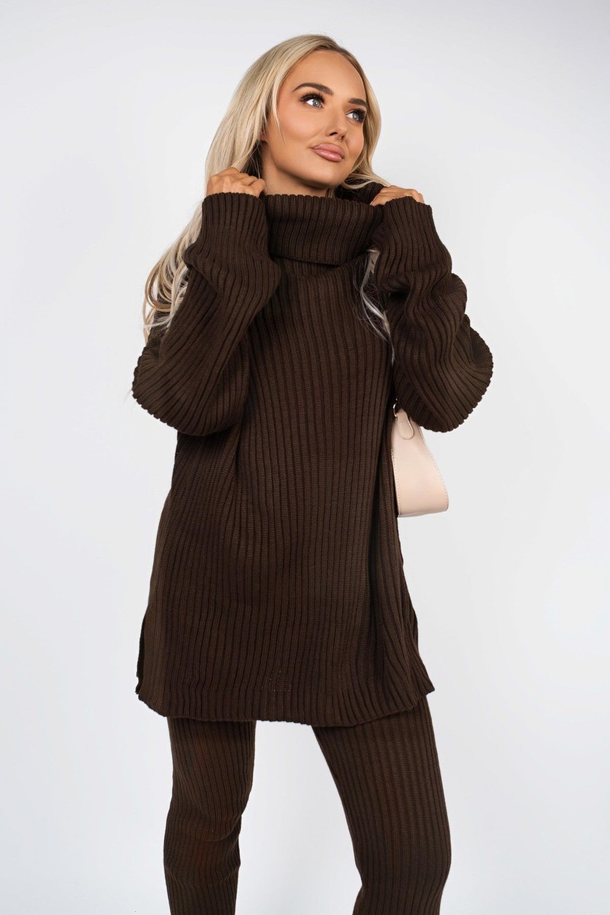 Mila Chunky Knitted High Roll Neck Top Bottom Co-ord Set - Brown