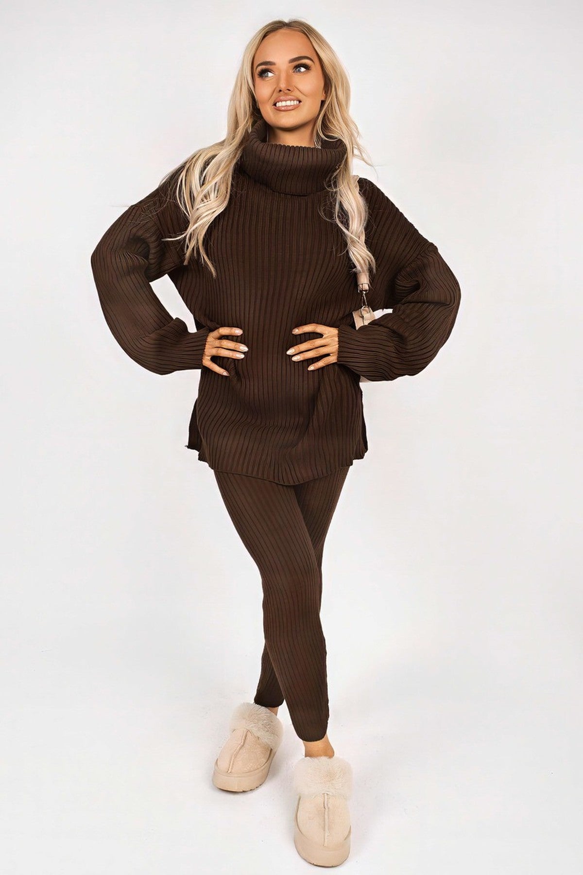 Mila Chunky Knitted High Roll Neck Top Bottom Co-ord Set - Brown