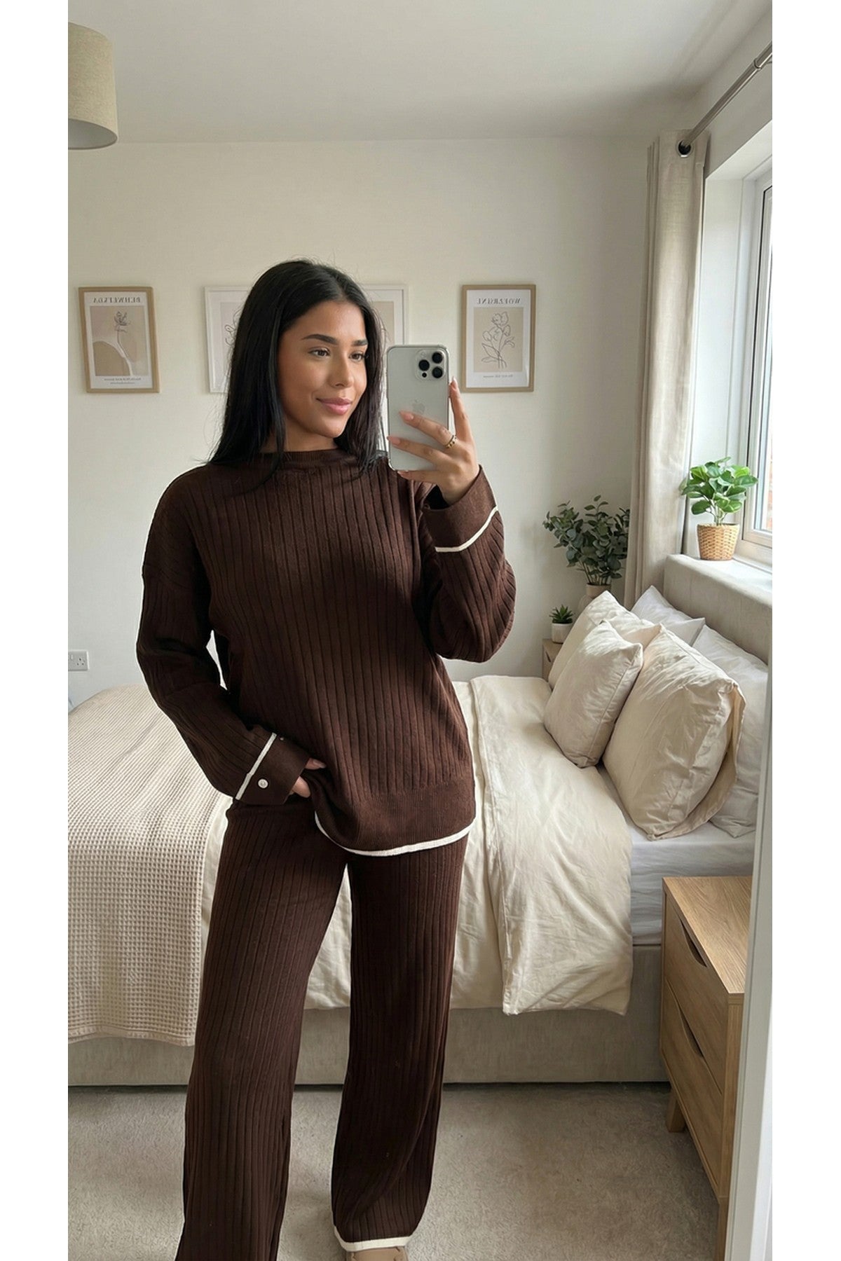 Lara Ribbed Contrast Trim Top And Wide Leg Trouser Co-ord Set - Brown