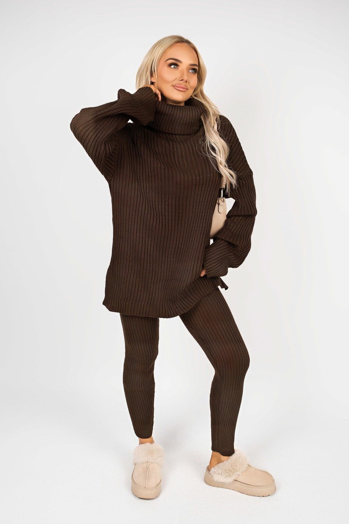 Mila Chunky Knitted High Roll Neck Top Bottom Co-ord Set - Brown