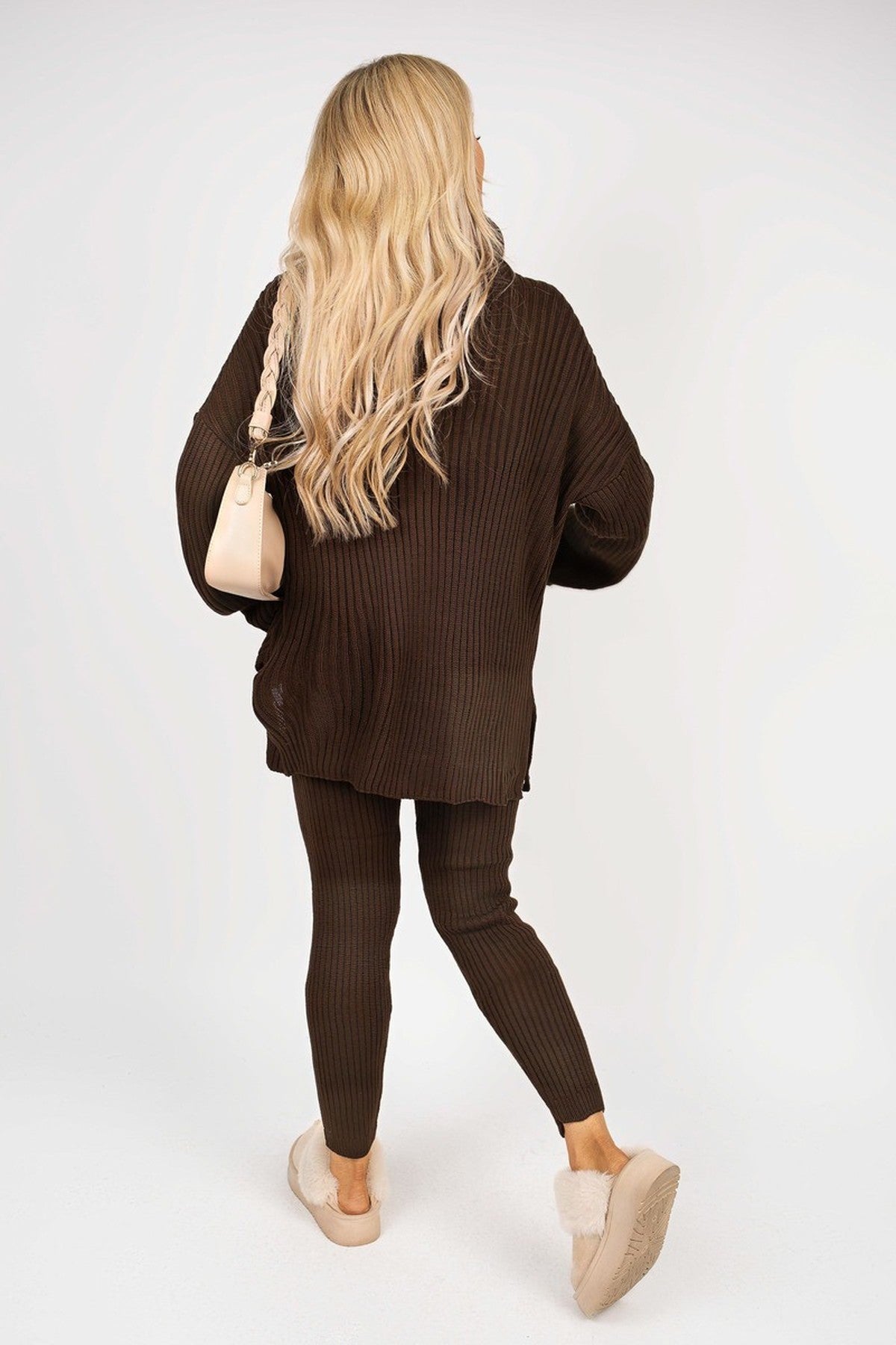 Mila Chunky Knitted High Roll Neck Top Bottom Co-ord Set - Brown