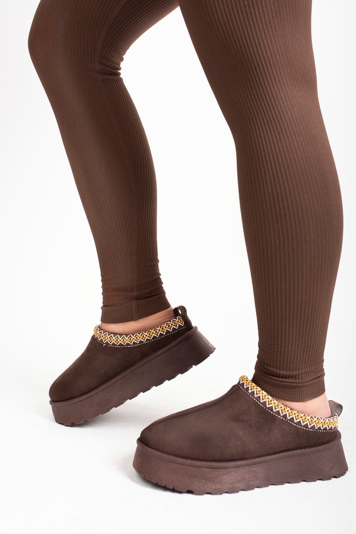 Jolene Aztec Detail Low Ankle Platform Slipper Boots - Brown