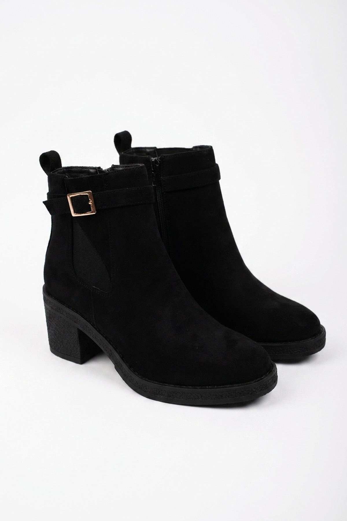 Saoirse Faux Suede Block Heel Boots - Black