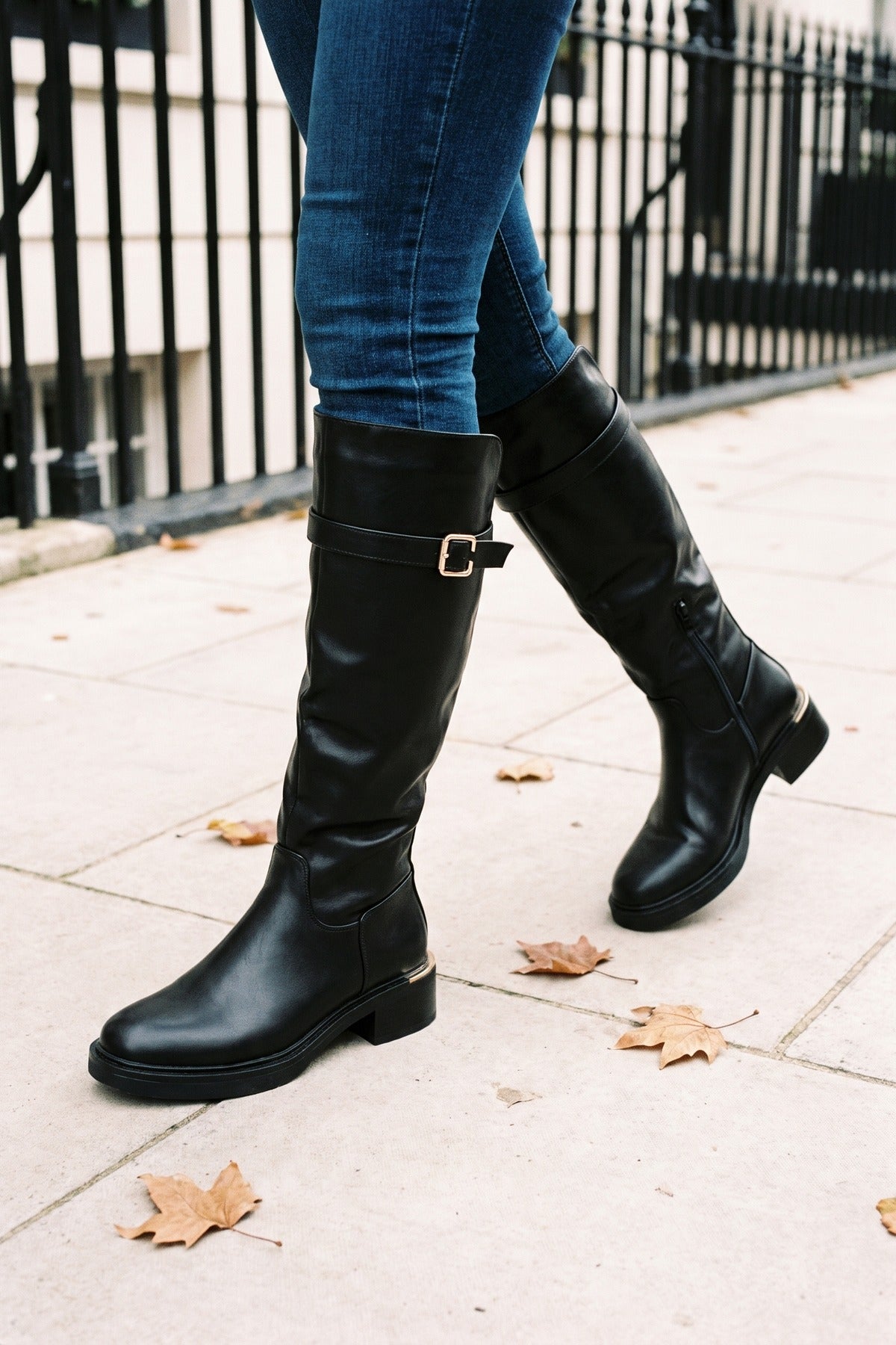 Tove Buckle Strap Knee High Riding Boots - Black