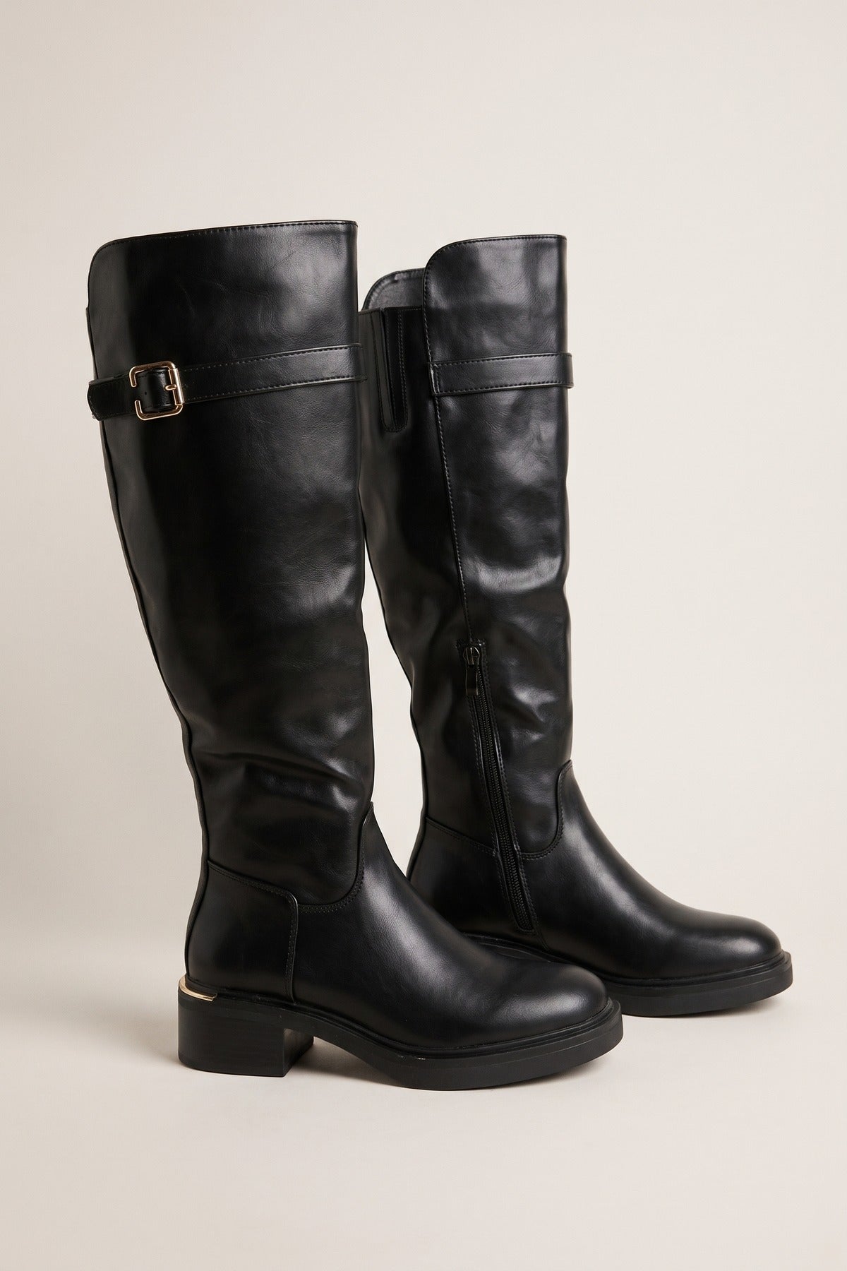 Tove Buckle Strap Knee High Riding Boots - Black