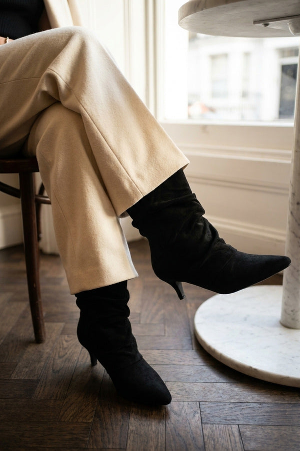 Petronella Faux Suede Slouch Kitten Heel Ankle Boots - Black