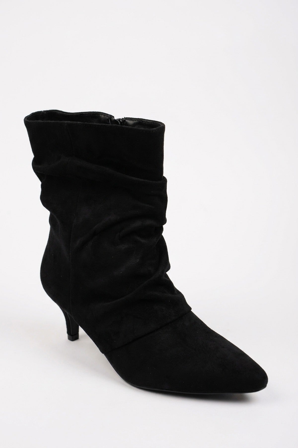 Petronella Faux Suede Slouch Kitten Heel Ankle Boots - Black
