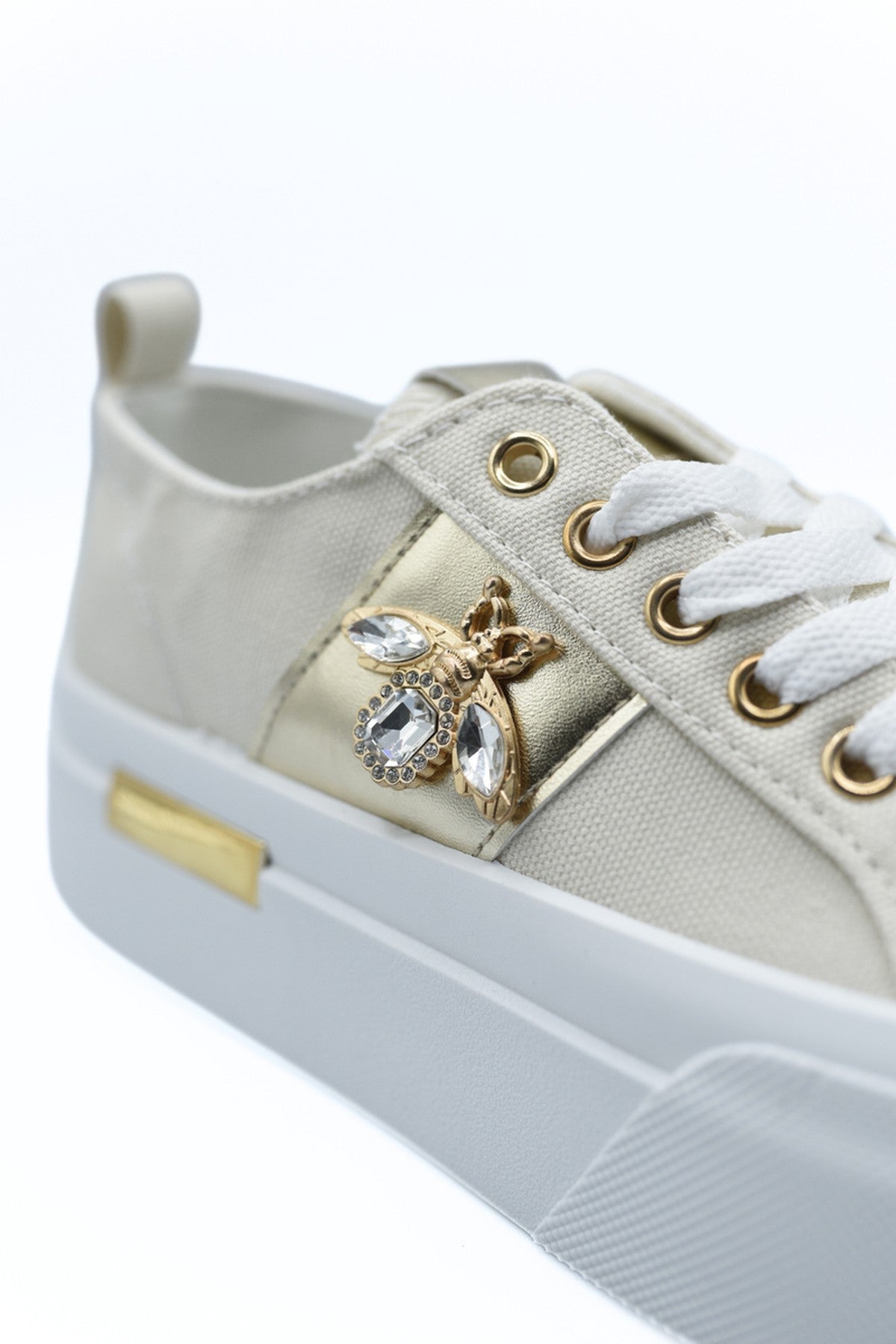 Calista Luxe Bee Decorative Lace Up Platform Trainers - Beige