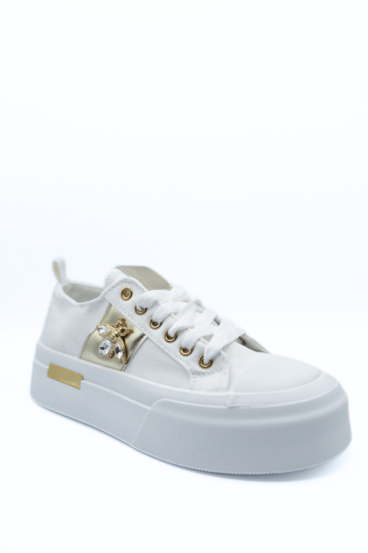 Calista Luxe Bee Decorative Lace Up Platform Trainers - White