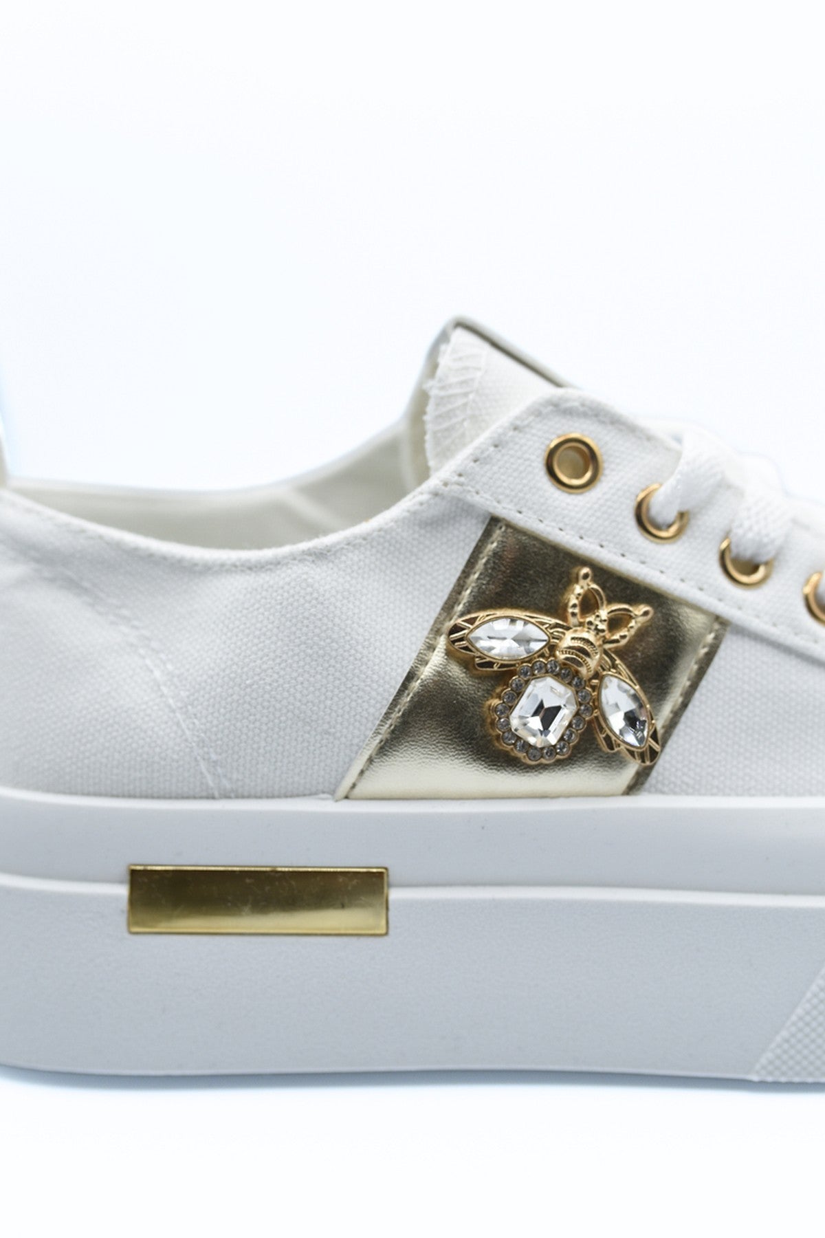 Calista Luxe Bee Decorative Lace Up Platform Trainers - White