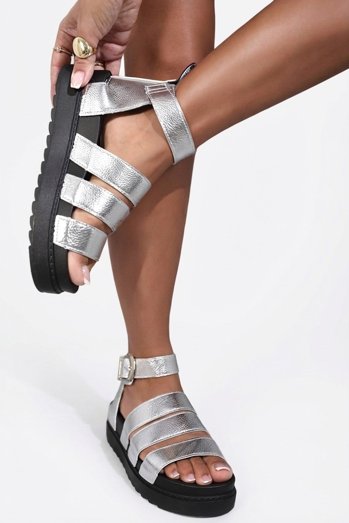 Callie Strappy Gladiator Chunky Sandals - Silver_wb