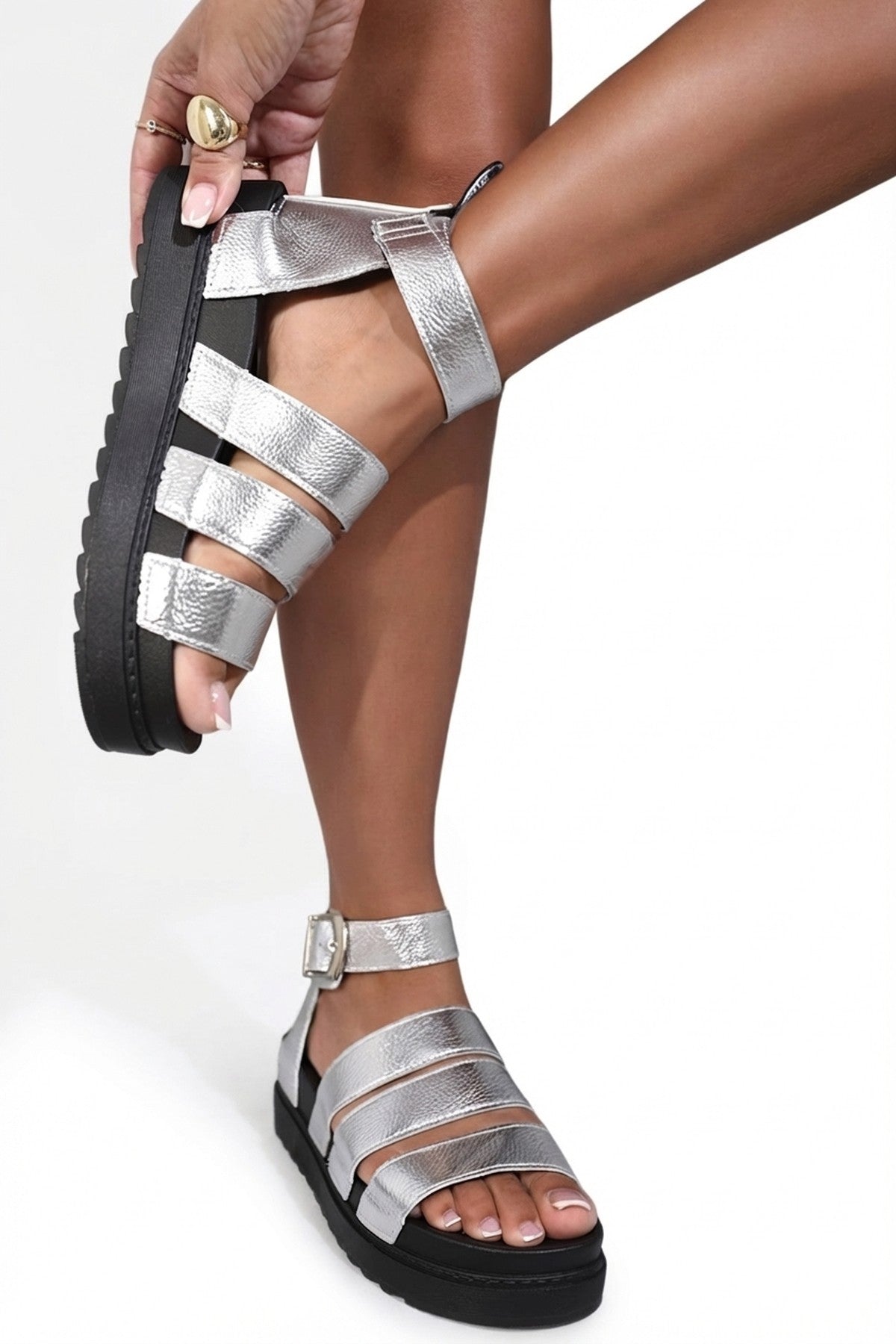 Callie Strappy Gladiator Chunky Sandals - Silver_wb