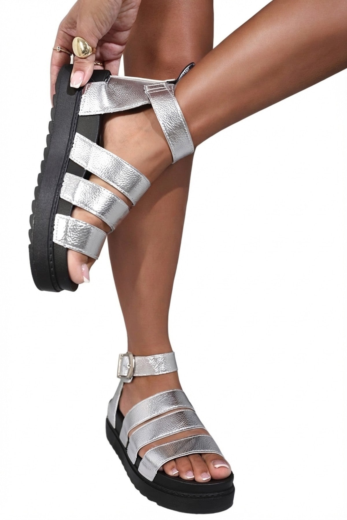 Callie Strappy Gladiator Chunky Sandals - Silver_wb