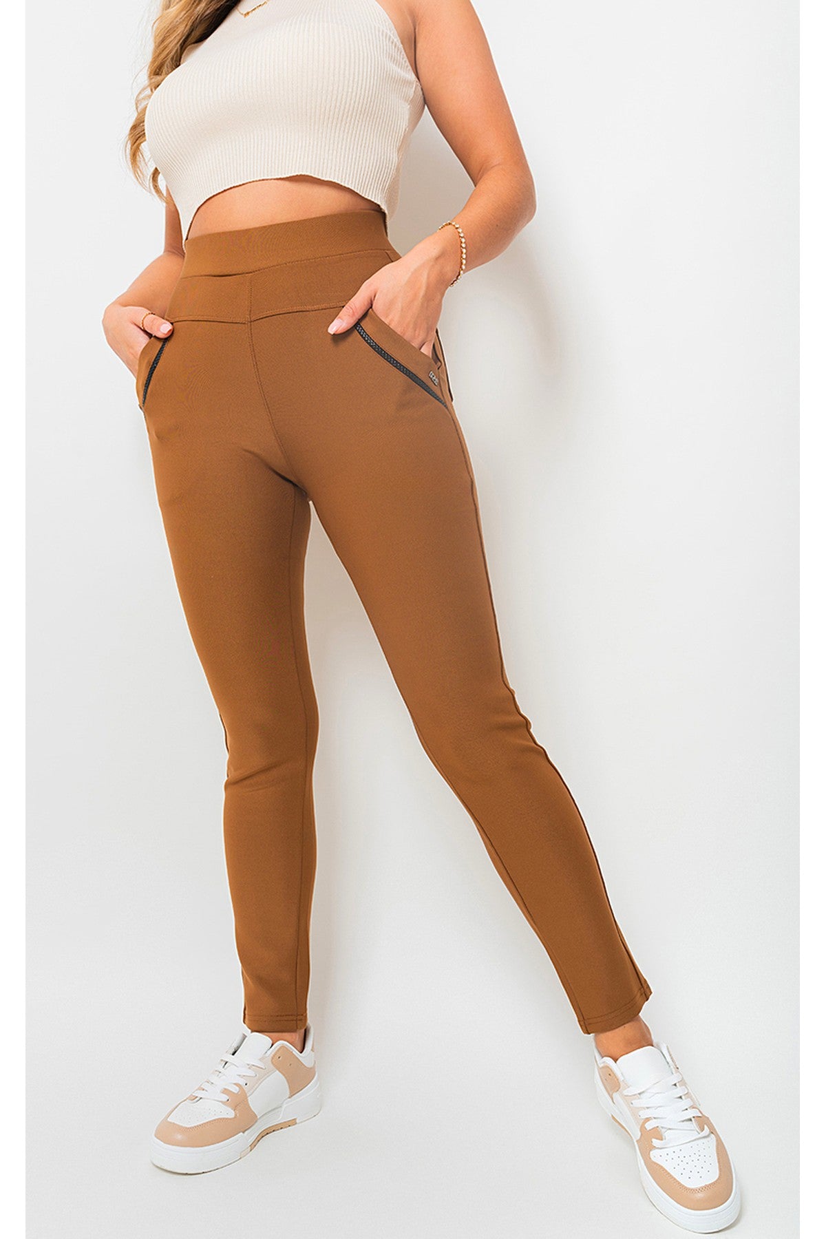 Carmela High Waist Double Band Pocket Leggings - Camel