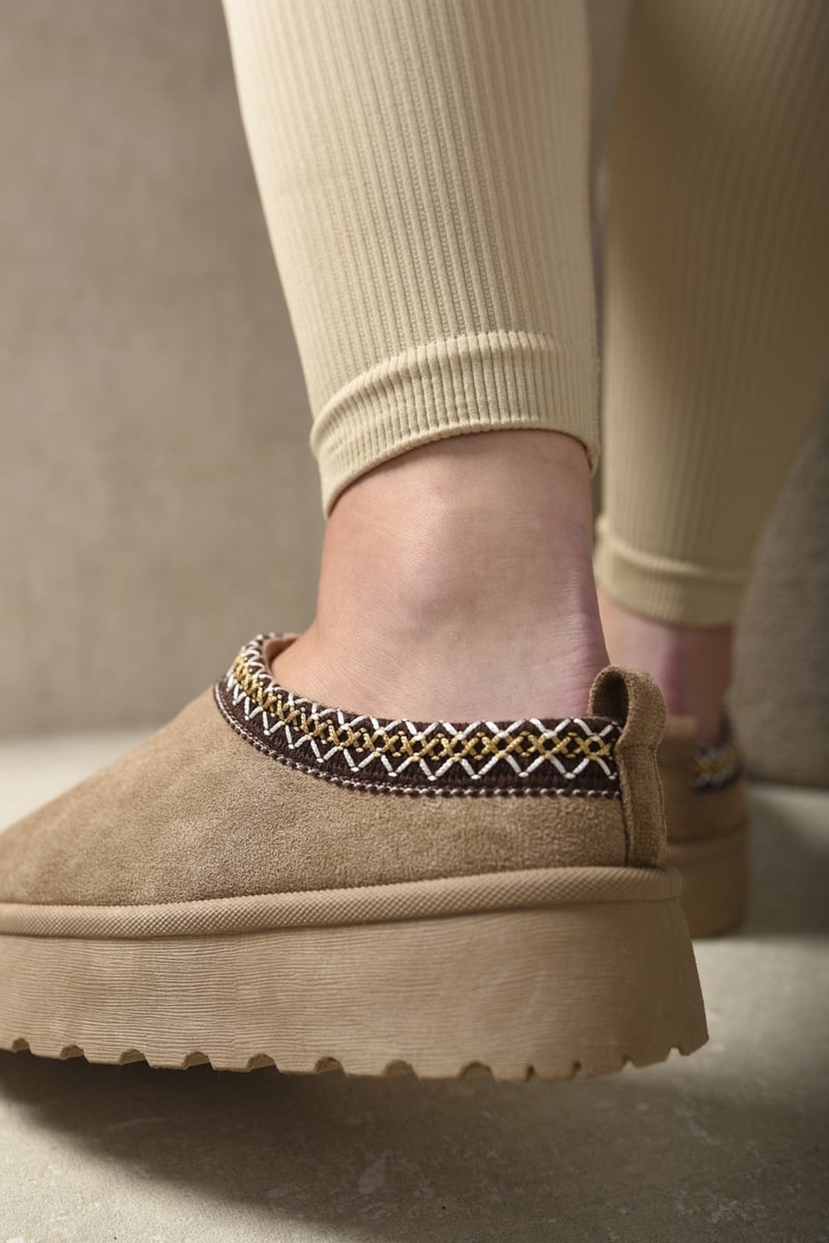 Jolene Aztec Detail Low Ankle Platform Slipper Boots - Camel