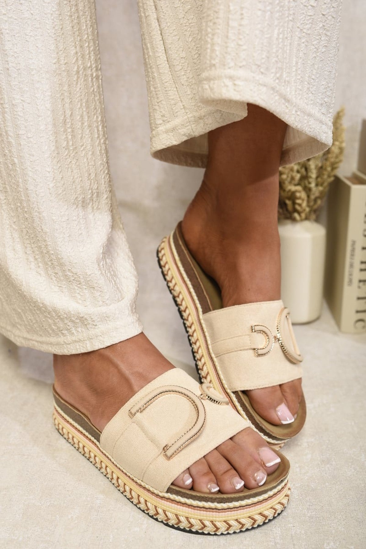 Camille Decorated Platform Sandals - Beige