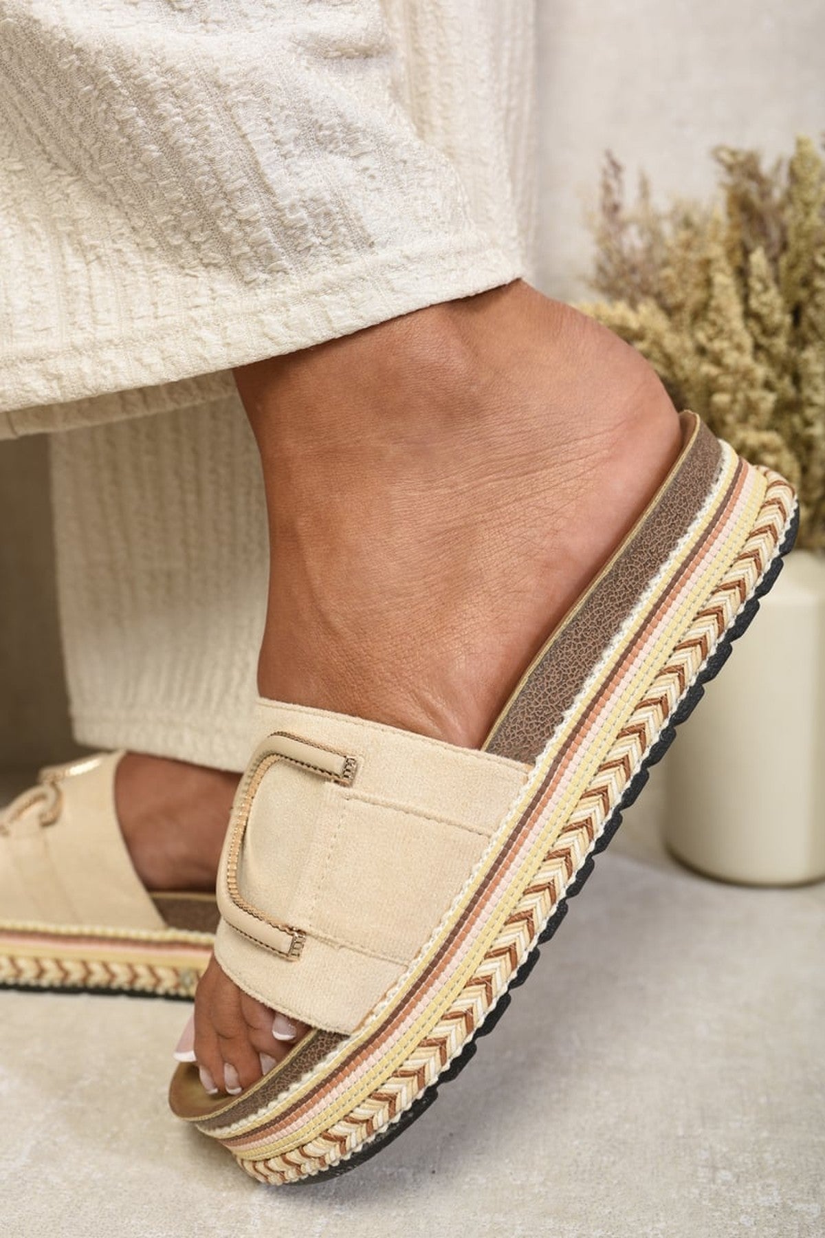 Camille Decorated Platform Sandals - Beige
