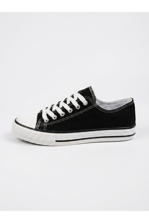 Pearl Canvas Lace Up Low Trainers - Black