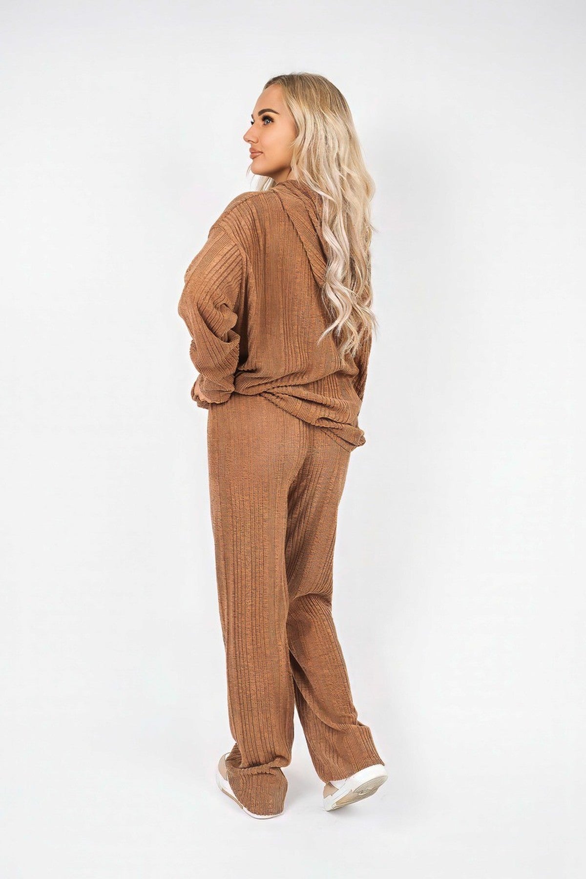 Zayana Hooded Ribbed Oversized Top And Wide Leg Lounge Co-ord Set - Caramel