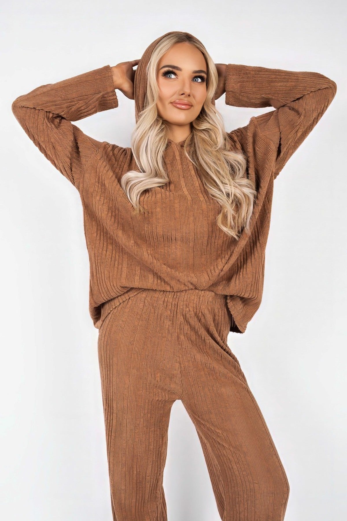 Zayana Hooded Ribbed Oversized Top And Wide Leg Lounge Co-ord Set - Caramel