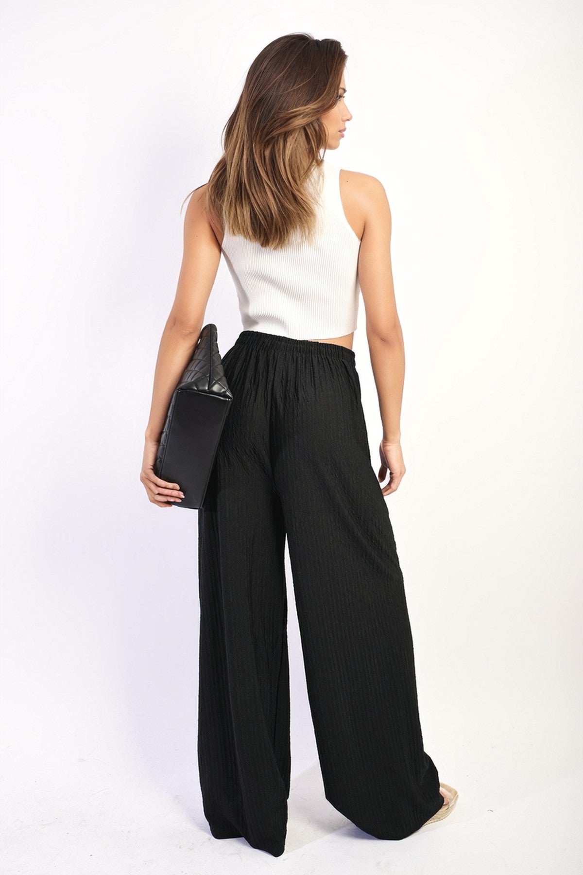 Carla Textured Wide Leg Drawstring Trousers - Black