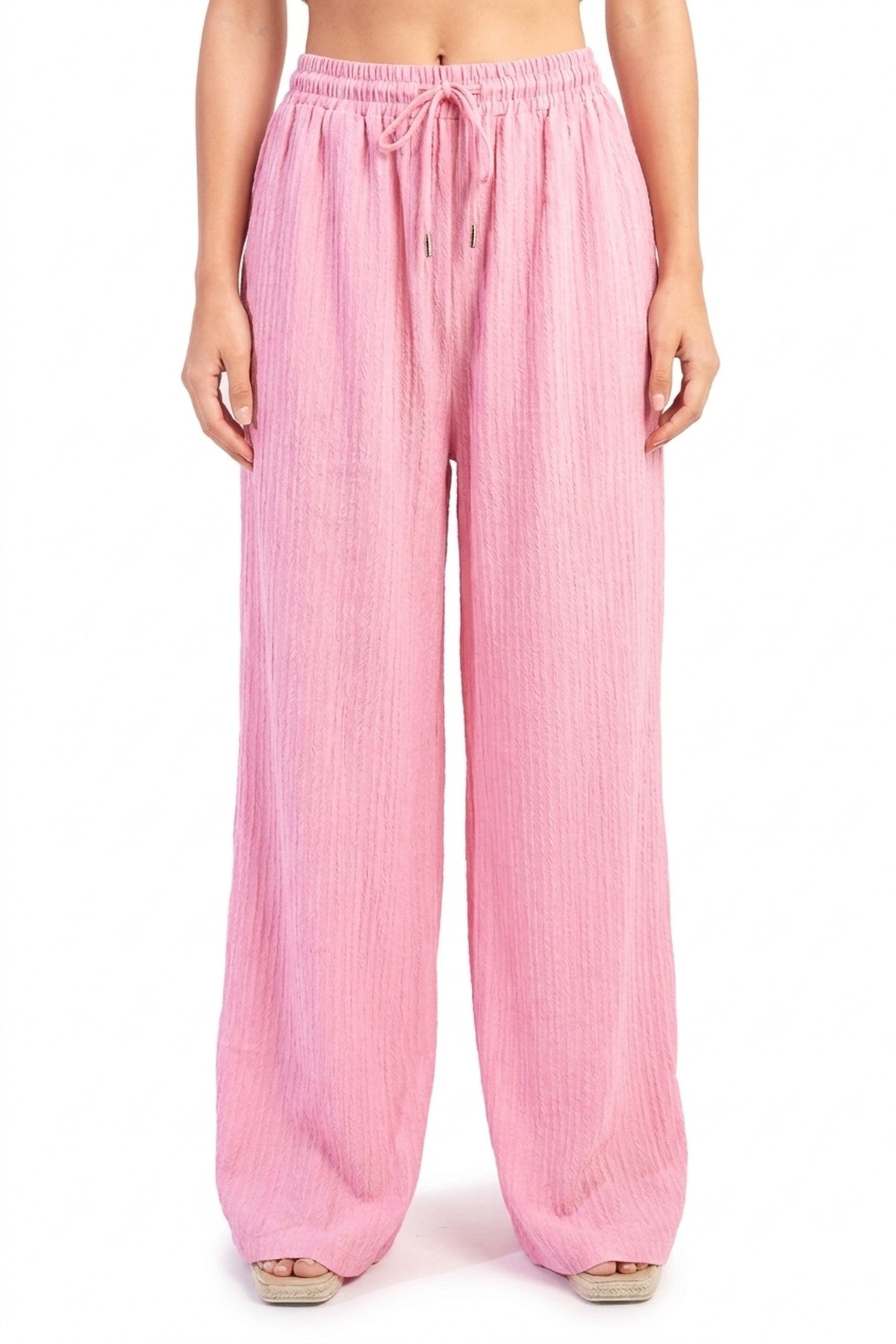Carla Textured Wide Leg Drawstring Trousers - Pink