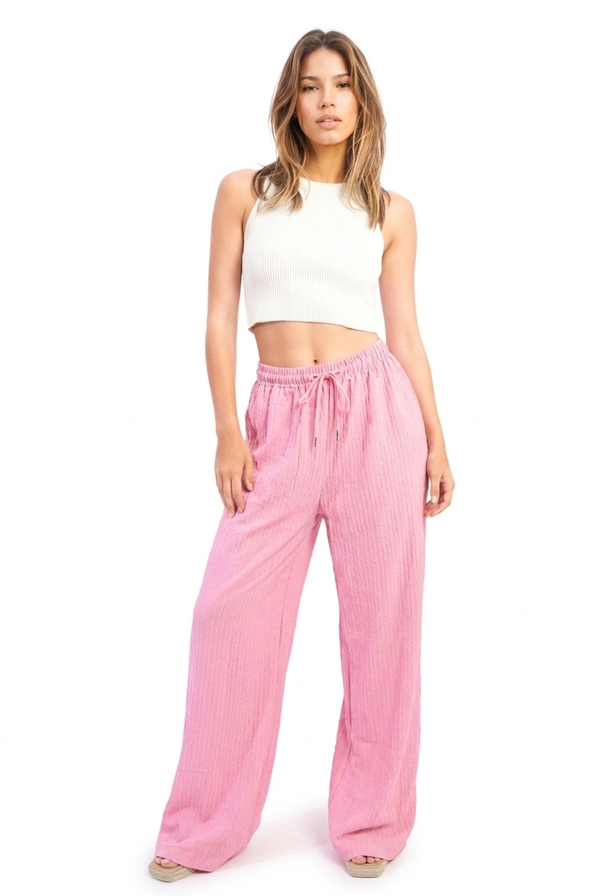Carla Textured Wide Leg Drawstring Trousers - Pink_wb