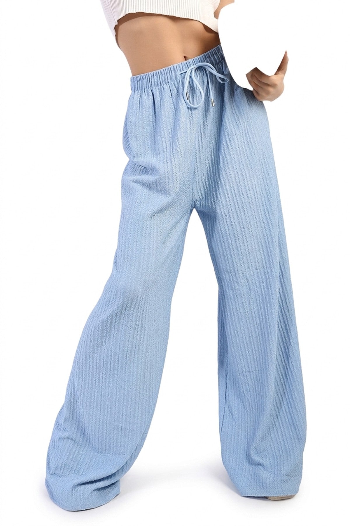 Carla Textured Wide Leg Drawstring Trousers - Sky Blue_wb