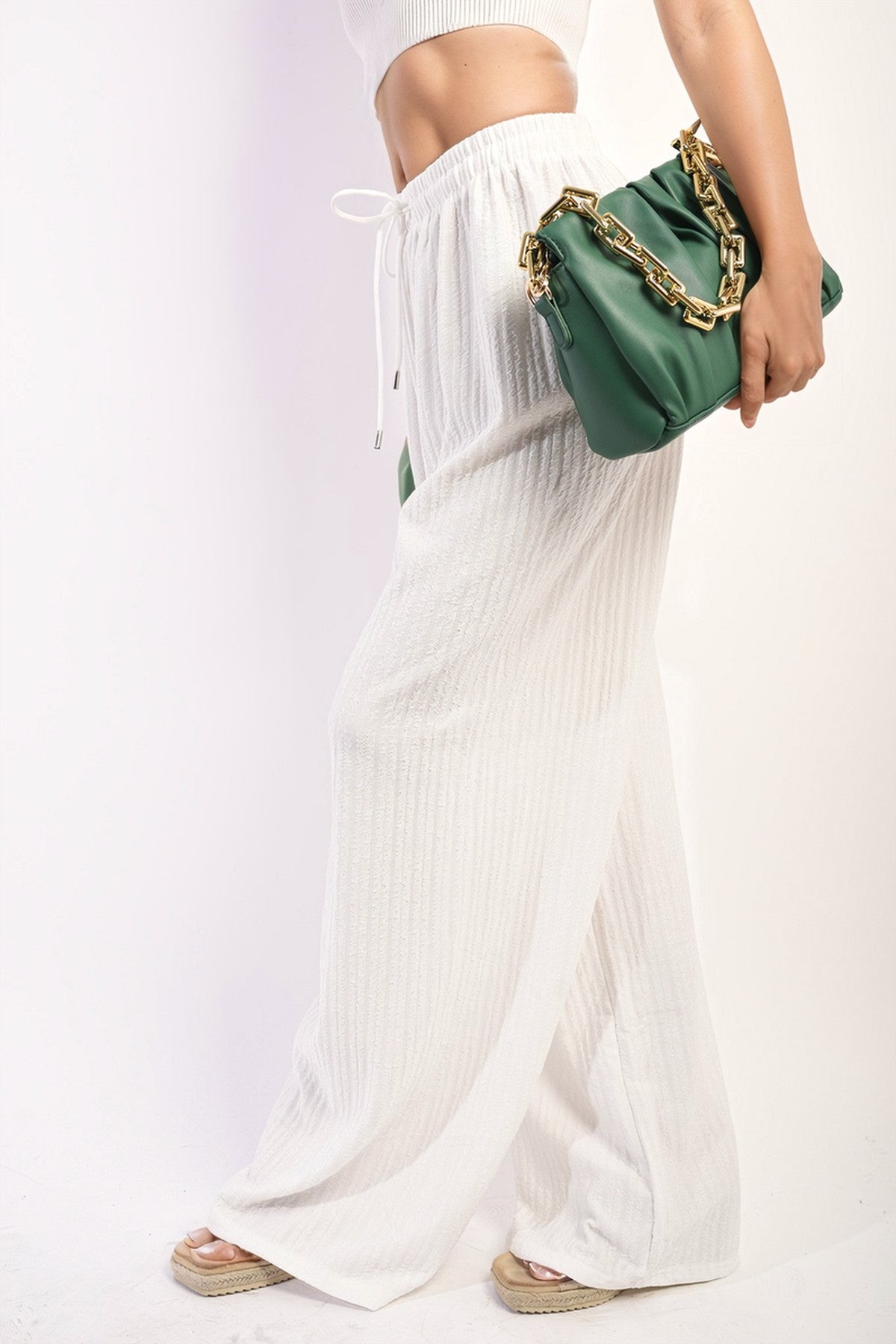 Carla Textured Wide Leg Drawstring Trousers - White