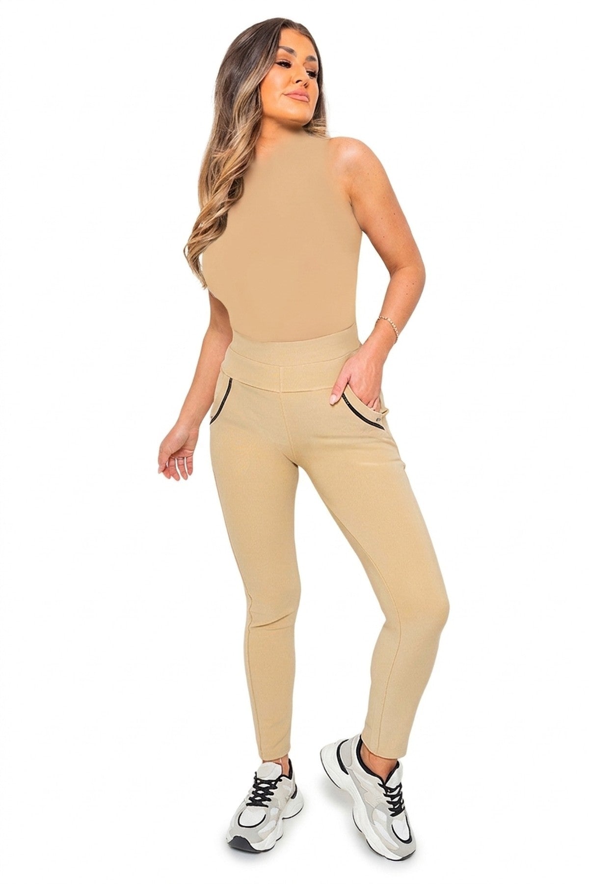 Carmela High Waist Double Band Pocket Leggings - Beige