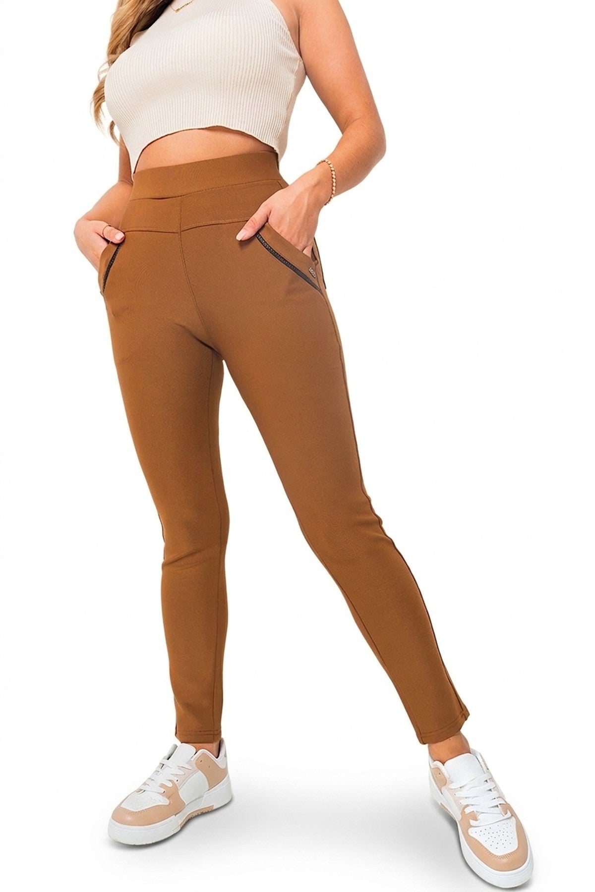 Carmela High Waist Double Band Pocket Leggings - Camel