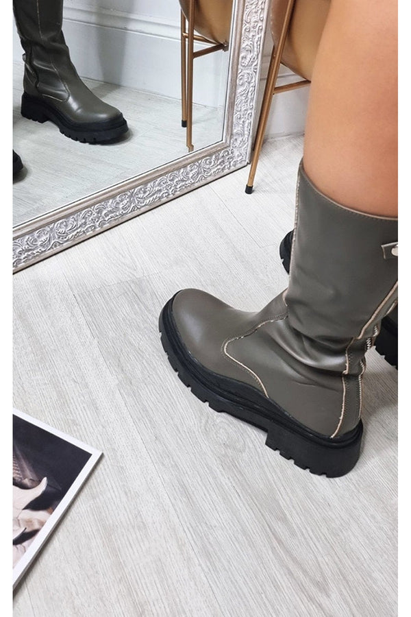 Cassie Faux Leather Chunky Platform Boots - Khaki