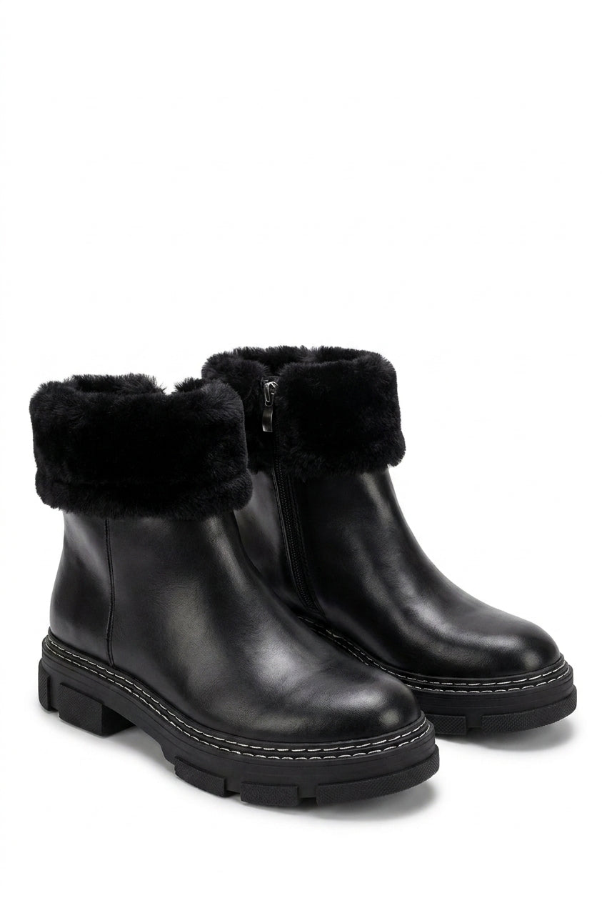 Cassie Faux Leather Fluffy Bow Ankle Boots - Black_wb