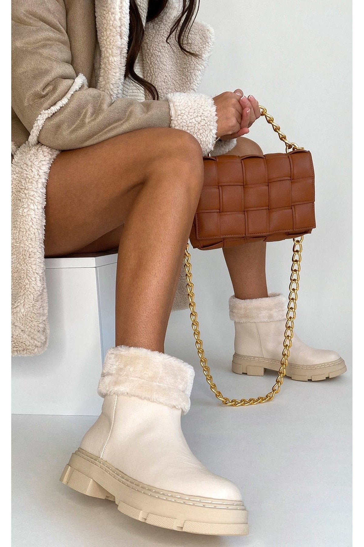 Cassie Faux Leather Fluffy Bow Ankle Boots - Cream