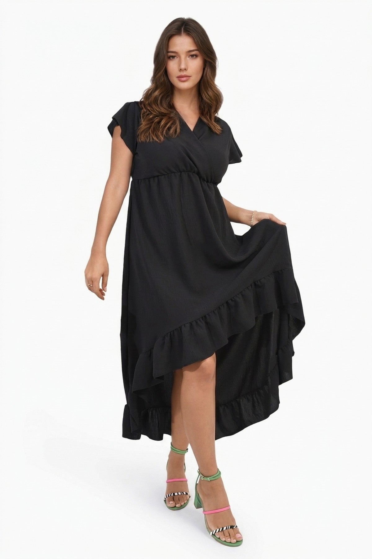 Catalina High Low Ruffle Hem Maxi Dress - Black