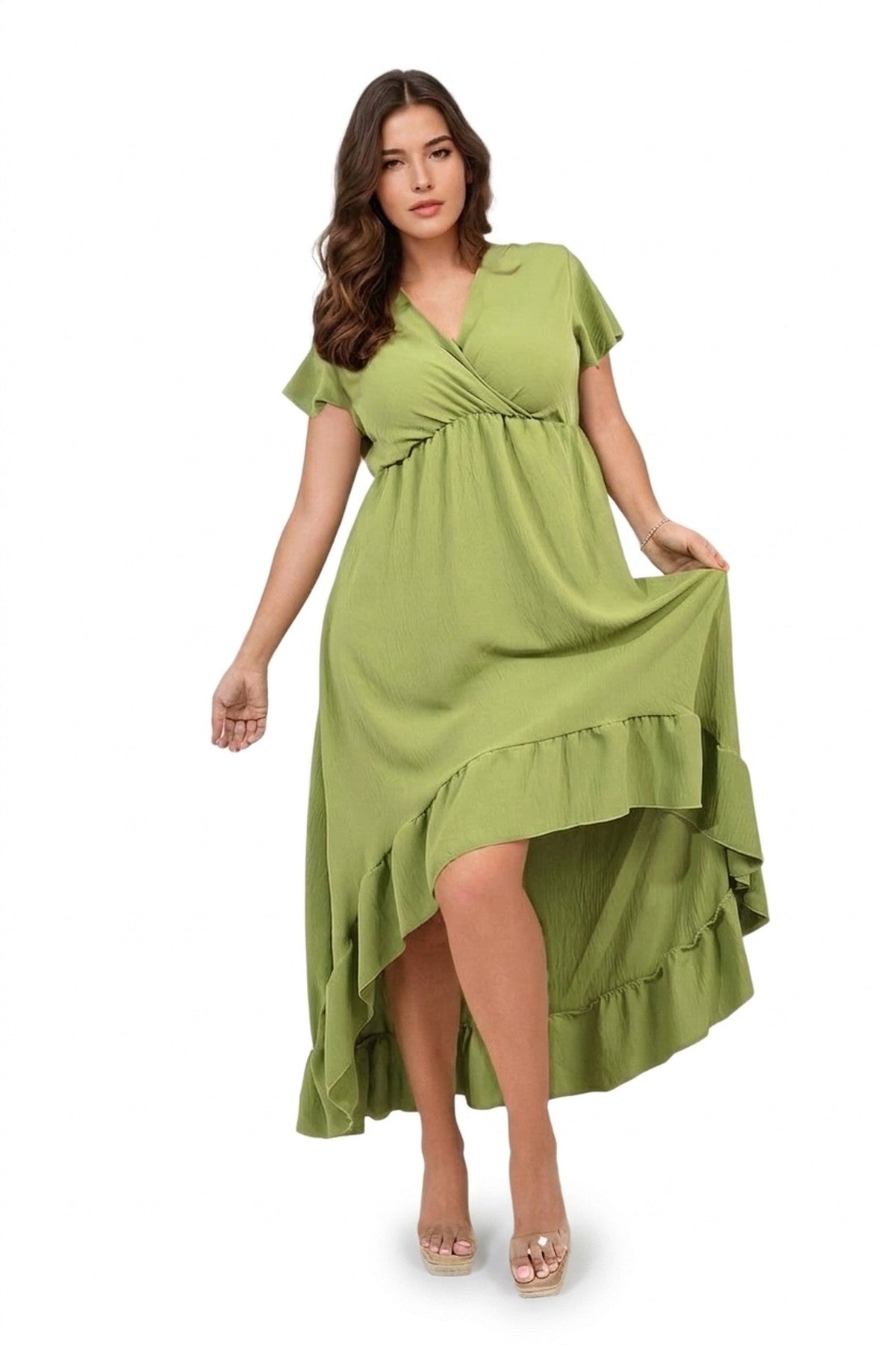 Catalina High Low Ruffle Hem Maxi Dress - GREEN