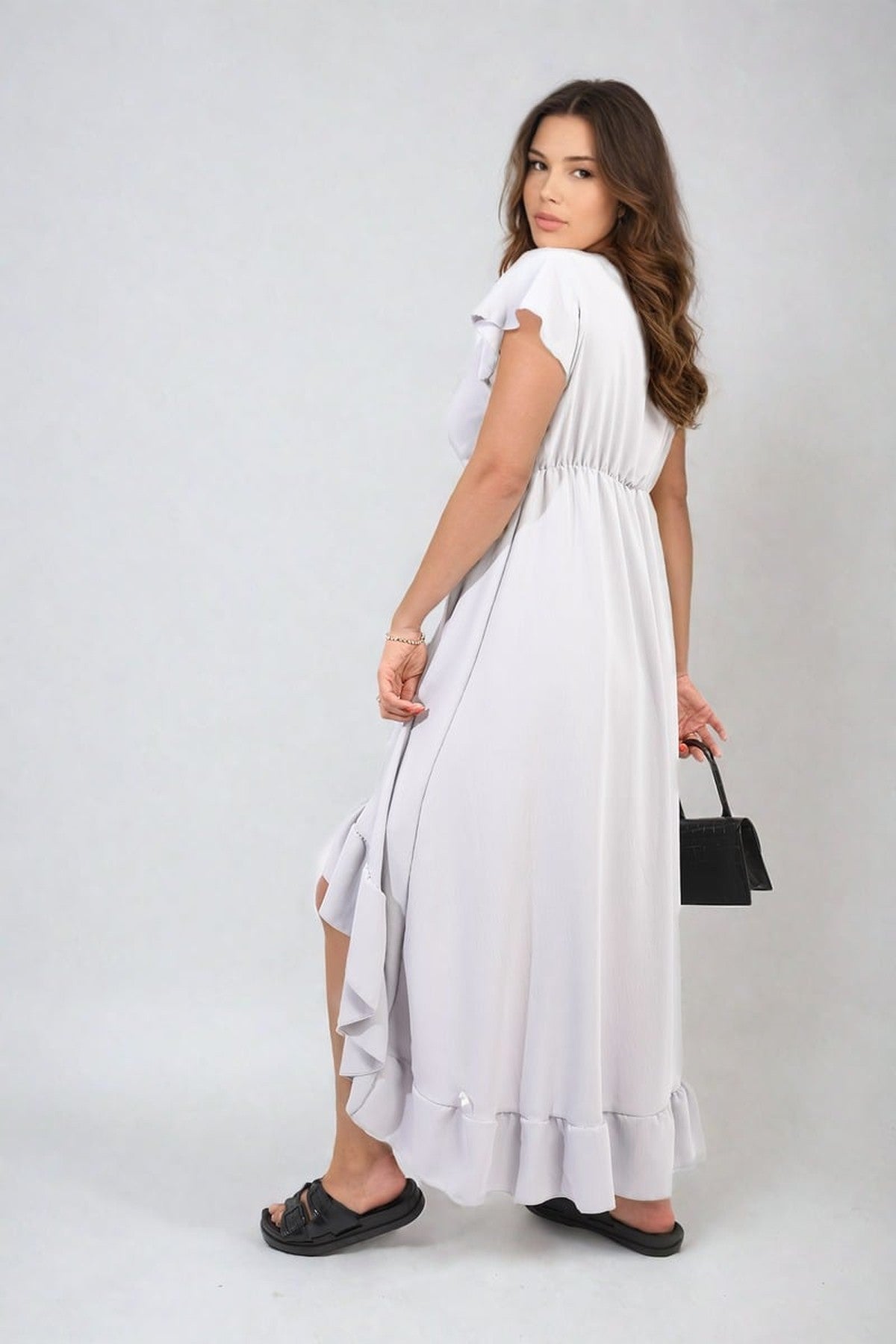 Catalina High Low Ruffle Hem Maxi Dress - Grey