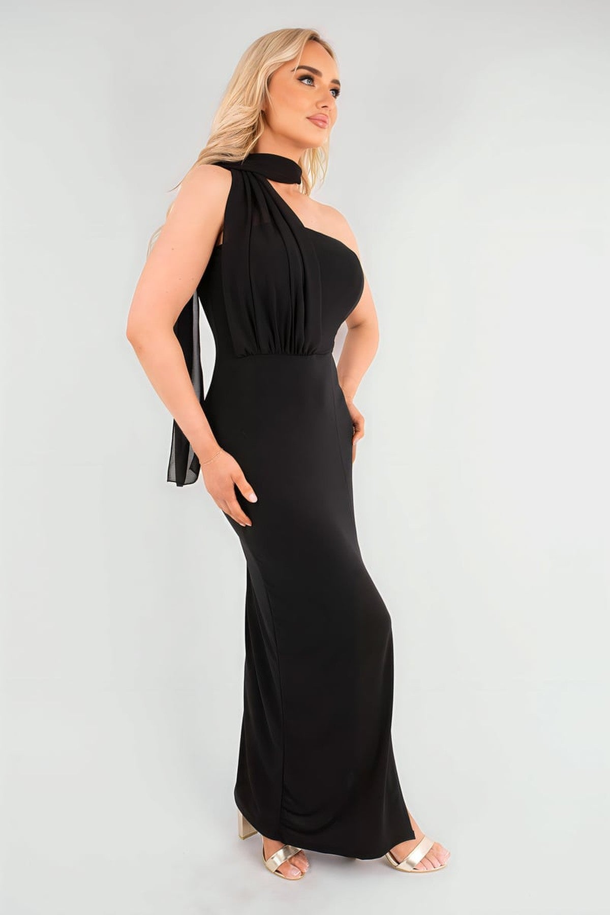 Celeste High Slit Draped Scarf Maxi Dress - Black