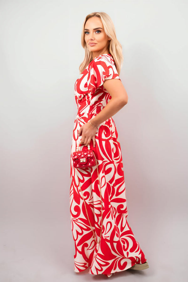 Celia Printed Short Sleeve Button Down V-neck Maxi Dress - Red
