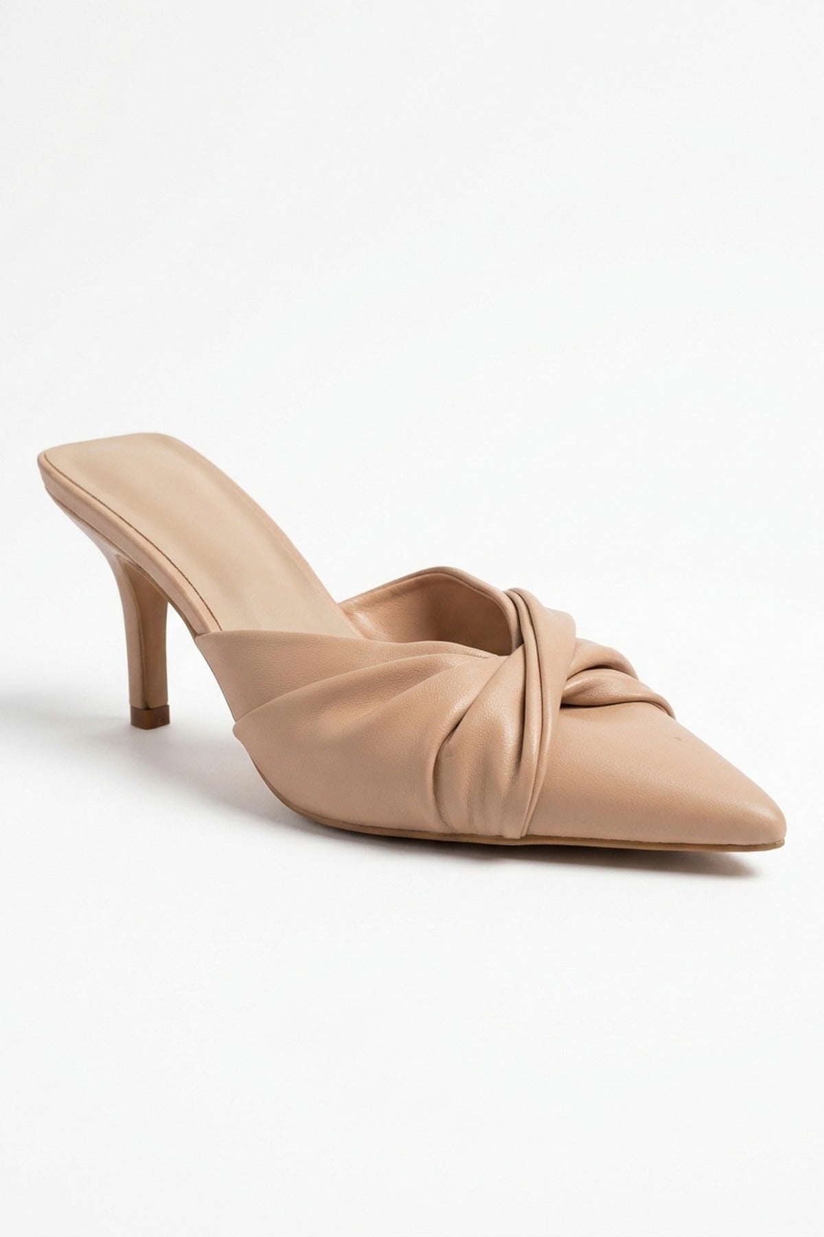 Ines Knotted Front Pointed Toe Kitten Heel Mules - Apricot